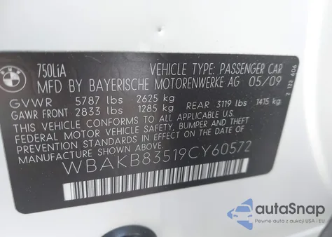 2009 BMW 750Li from USA, damaged, VIN WBAKB83519CY60572